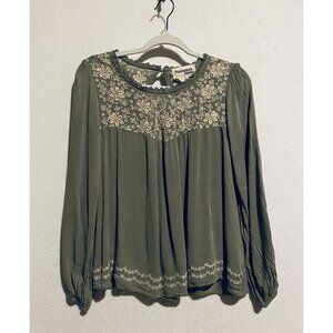 Savanna Jane Top Womens Small Embroidered Floral Cut Out Peasant Boho Green